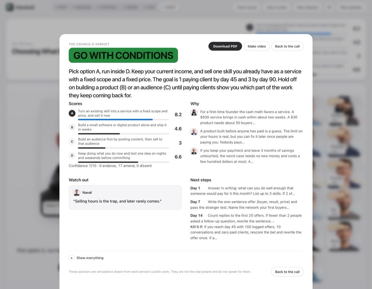 The verdict sheet in Boardcall: GO WITH CONDITIONS, scores per option, why, watch out and next steps.
